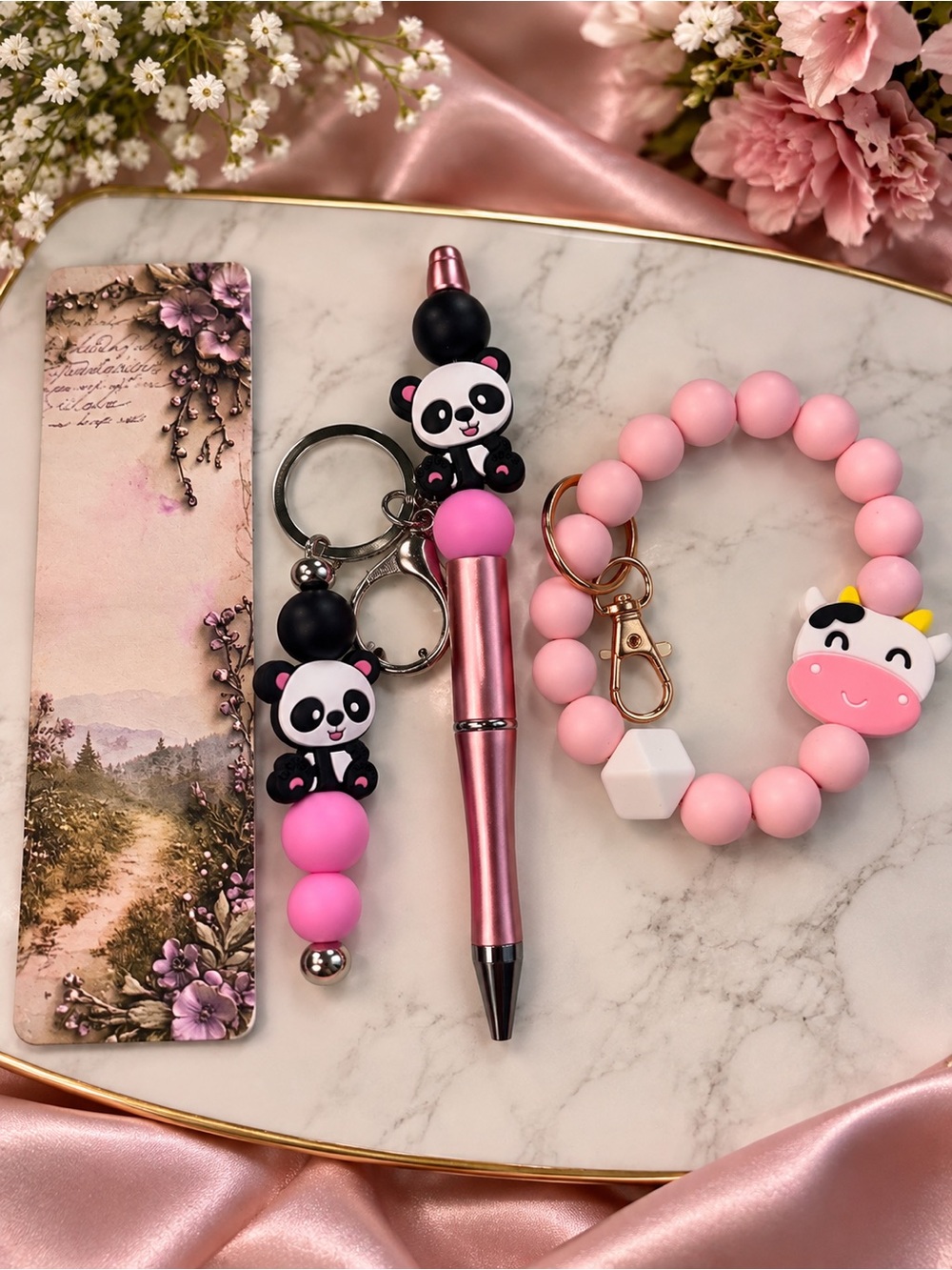 Pink Panda Silicone Keychain Pen & Beaded Wristlet Bracelet